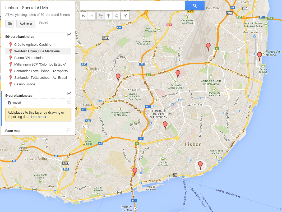 Lisboa - where you can withdraw 50-euro banknotes
